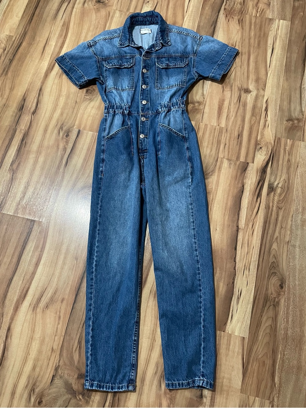 FP We The Free Marci Denim Jumpsuit Boiler Suit Romper Short Sleeve Size XS